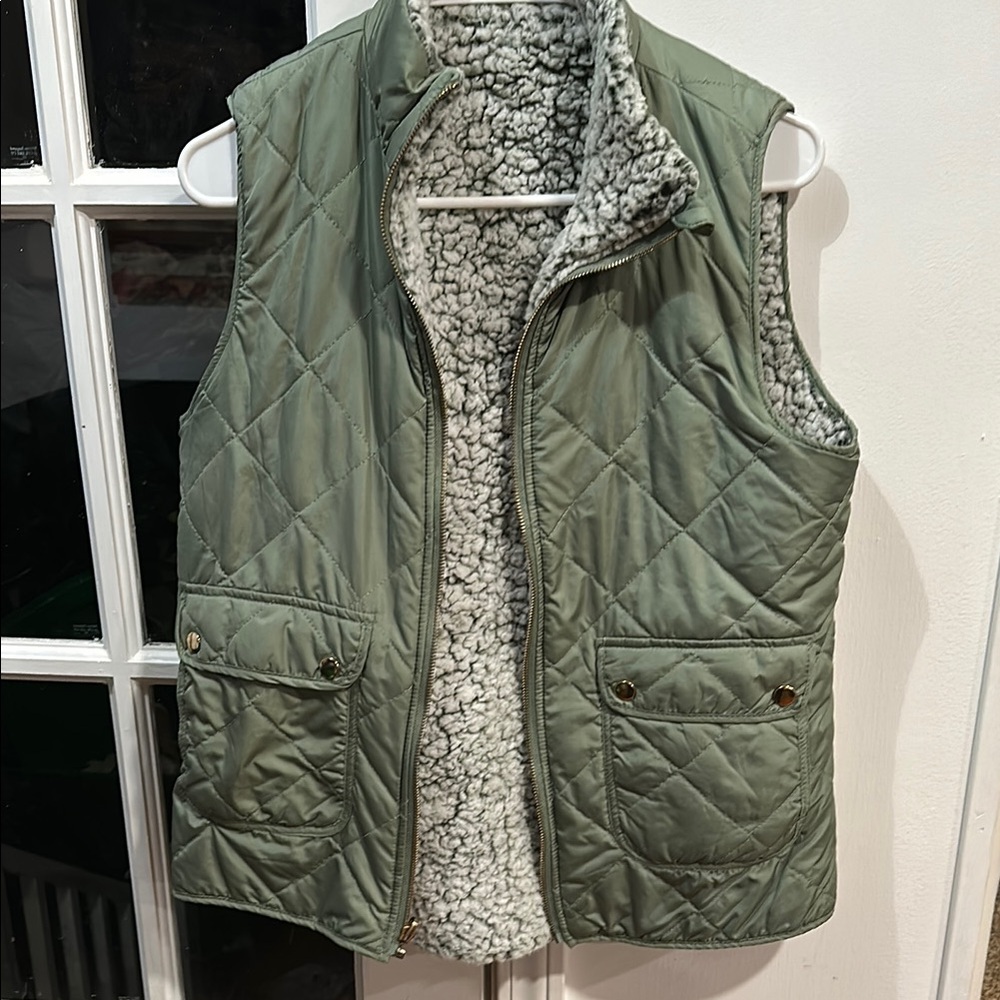 Olive Green Quilted Vest with Sherpa Lining